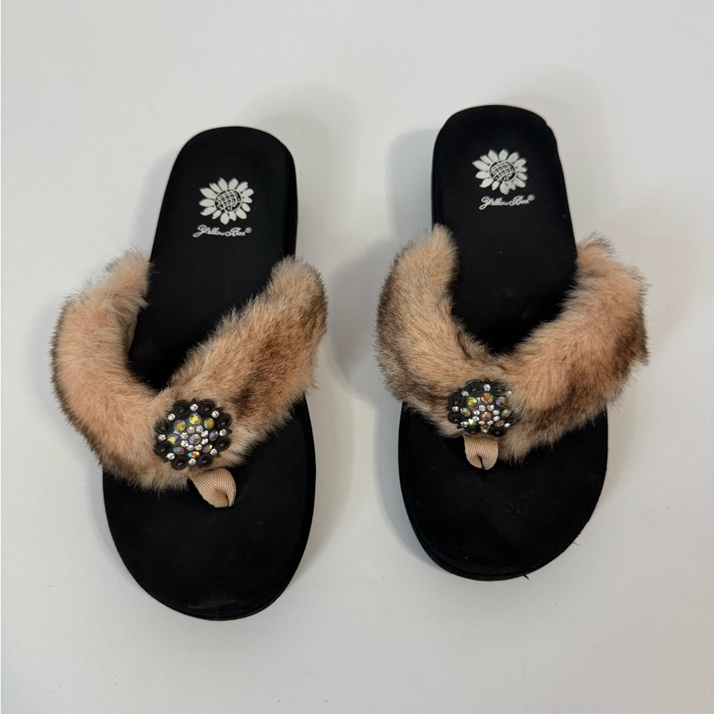 Yellow Box Women's Black and Tan Fur Sandals with Embellishments